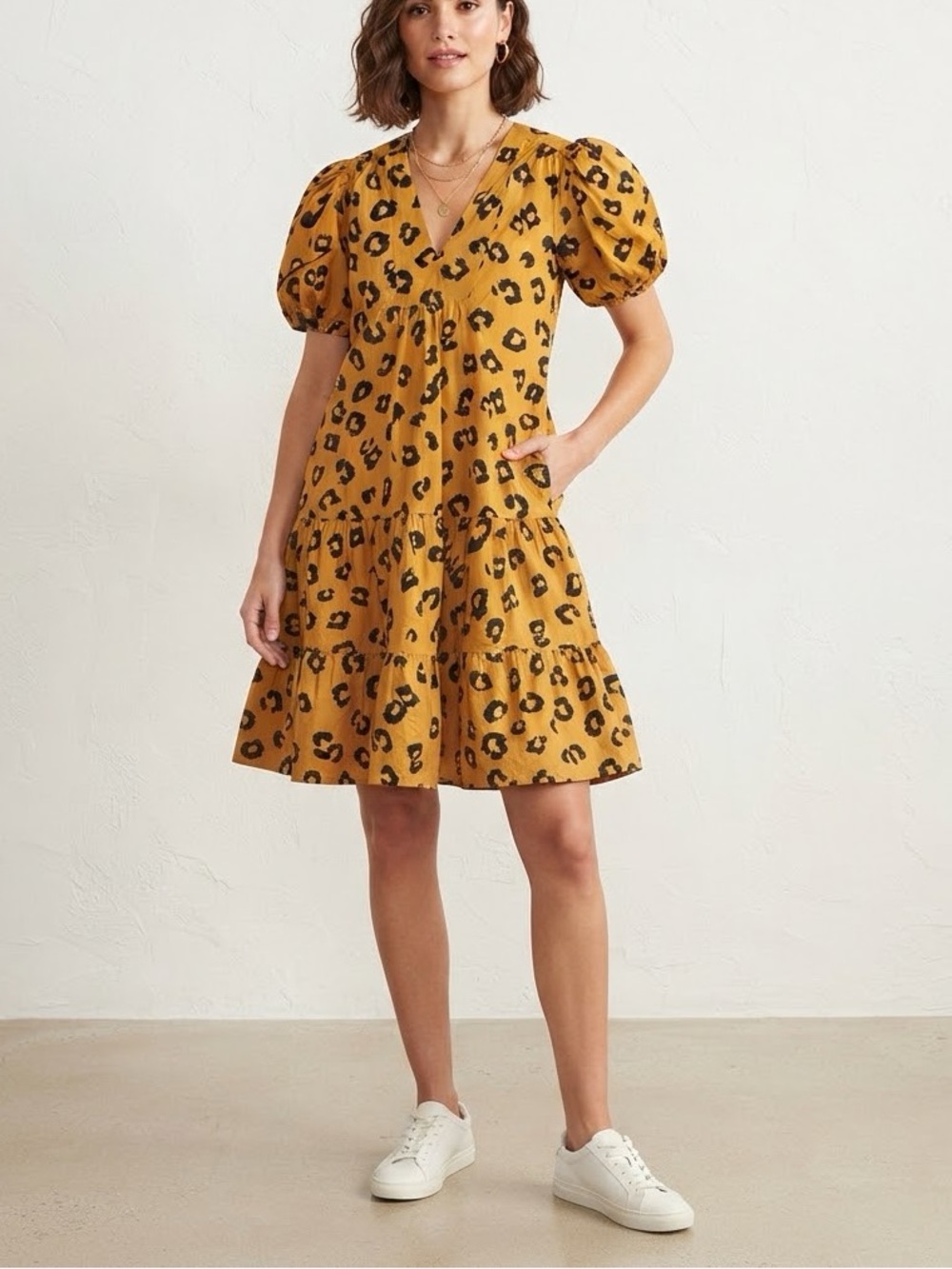 ENGLISH FACTORY Mustard Yellow Leopard Print Puff Sleeve Tiered Mini Dress XS❤️